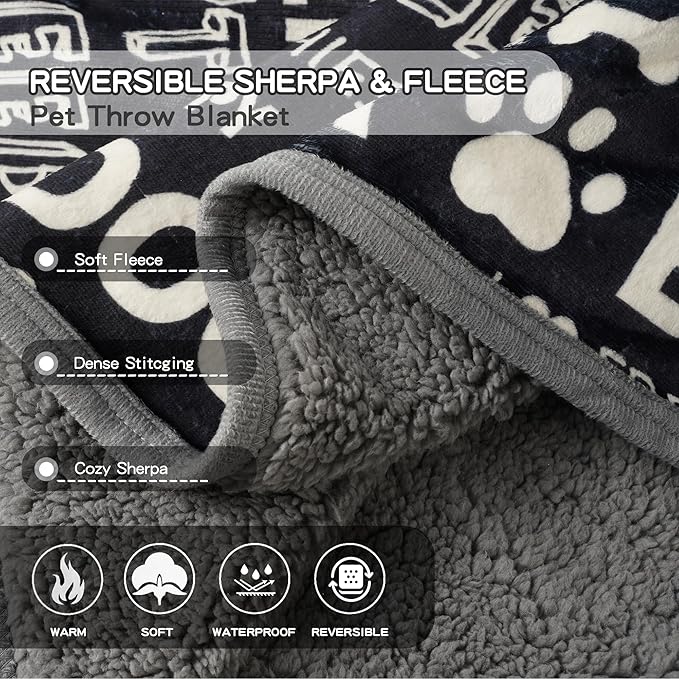CAPT.SNOOZE Waterproof Dog Blankets Pet Blanket, 30"x40" Cat Blanket for Indoor Cats, Soft Fluffy Sofa Car Bed Protector, Reversible Sherpa Fleece Puppy Blanket for Small Medium Dogs(Letters)
