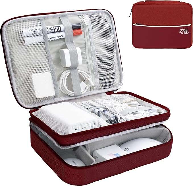 Miavers Electronics Organizer,Travel Cord Organizer Pouch, Portable Cable Organizer Bags, Waterproof Electronic Accessories Storage Case for Cables, Cords, Charger, Phone (Three Layer-Winered)