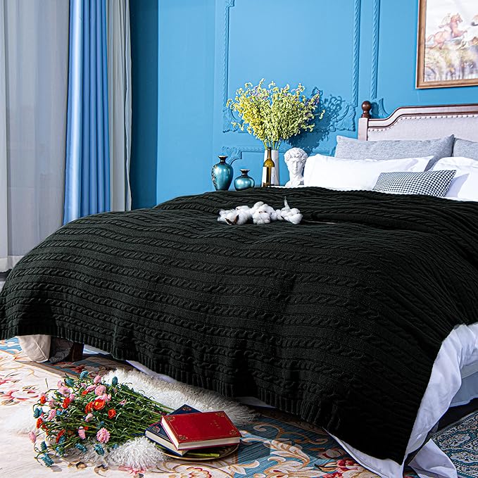 NTBAY 100% Pure Cotton Cable Knit Throw Blanket, Super Soft Warm 51x67 Knitted Throw Blanket for Couch, Sofa, Chair, Bed - Extra Cozy, Machine Washable, Comfortable Home Decor, Black