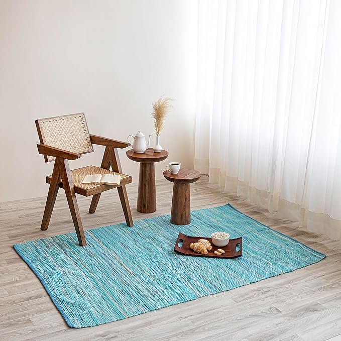 HOMEMONDE Teal Chindi Rug 4'x6' Recycled Soft Cotton Hand Crafted Reversible Boho Rag Rugs for Bedroom, Living Room, Kitchen, Entyrway