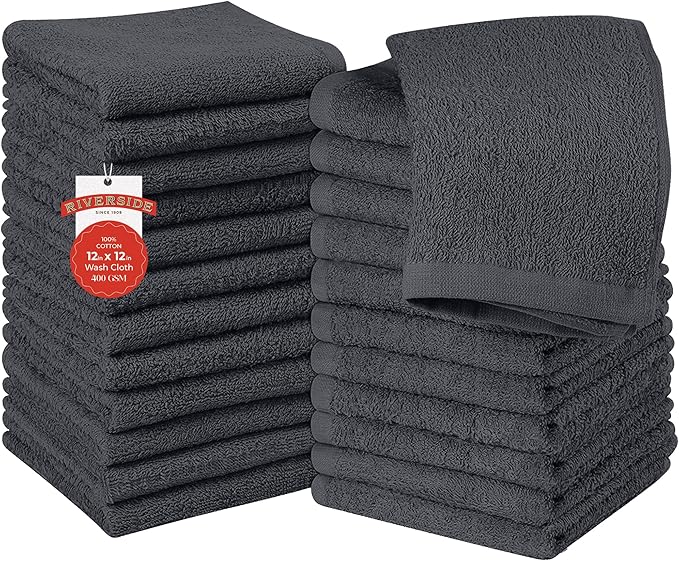RIVERSIDE 24 Pack Washcloths Set - 100% Cotton [12x12 Inches] - 500 GSM, Soft, Quick-Dry & Highly Absorbent Face Towels - Perfect for Bathroom, Gym, Hotel, Spa & Travel - Charcoal