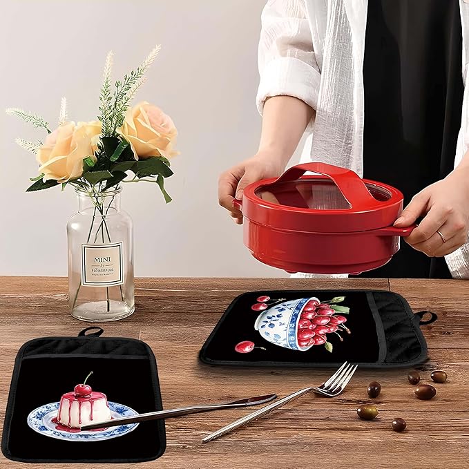 Chinoiserie Cherry Cake Pot Holders with Pockets, Red and White Grandmillennial Cherry Fruit Oven Pot Holders Heat Resistant Oven Mitts Hot Pads for Kitchen Baking Cooking