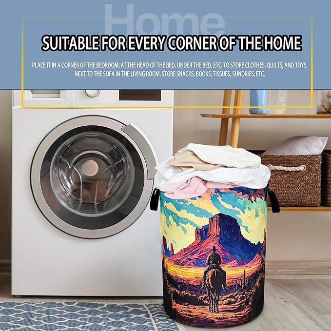 NUTAINLA Western Cowboy Laundry Basket Desert Mountains Foldable Oxford Cloth Funny Tote Bag Laundry Hamper Clothes Storage Bucket Toy Organizer For Bathroom/Laundry Storage/Bedroom 18.9x16.5 Inch