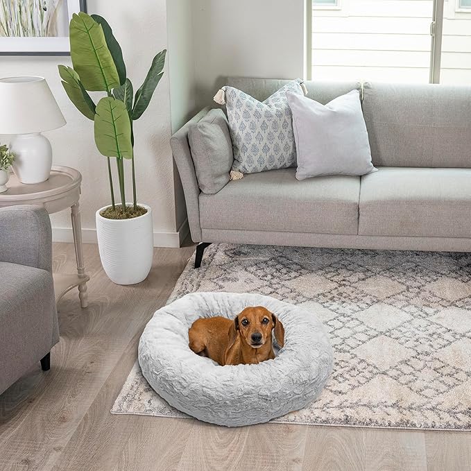 Best Friends by Sheri The Original Calming Donut Dog Bed – Washable Plush Pet Bed for Cats & Small Dogs up to 25 lbs, Lux Faux Fur, Gray, Small (23" x 23")