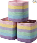 Gocjuaza 3 Pack Storage Cubes 11 Inch Cotton Rope Woven Baskets for Organizing Cube Bin Square Shelves Organizer,Classroom,Kids Toy Bins,Closet,Baby Nursery(Light Rainbow)