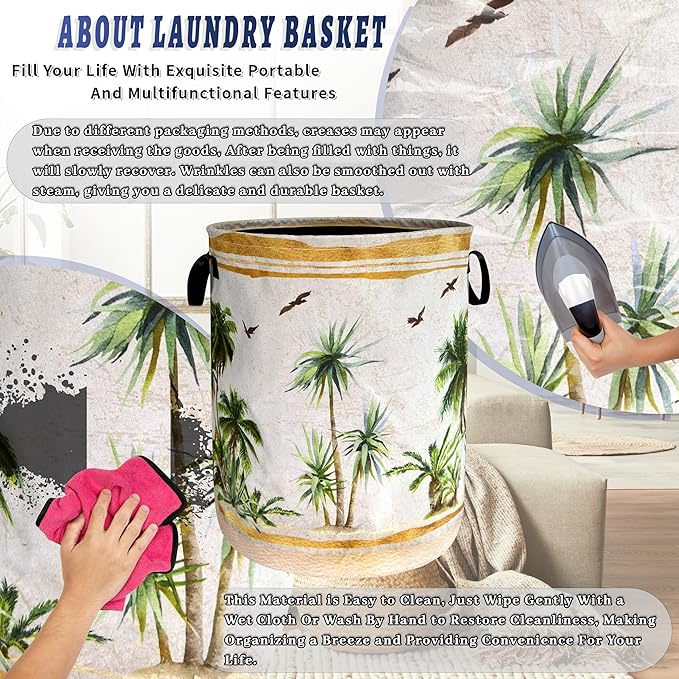 Tropical Palm Trees Laundry Hamper Foldable Oxford Cloth Retro Hawaii Laundry Basket With Handle Portable Clothes Storage Basket Funny Laundry Bag 18.9"x16.5" For Laundry Room/Bedroom/Bathrooms