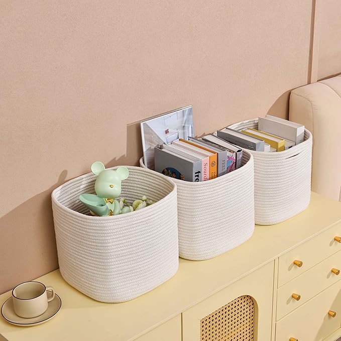 Gocjuaza 3 Pack Storage Cubes 11 Inch Cotton Rope Woven Baskets for Organizing Cube Bin Square Shelves Organizer,Classroom,Kids Toy Bins,Closet,Baby Nursery(Creamy White)