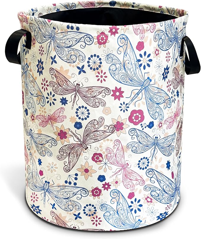 NUTAINLA Dragonfly Laundry Basket Flowers Foldable Oxford Cloth Funny Tote Bag Laundry Hamper Clothes Storage Bucket Toy Organizer For Bathroom/Laundry Storage/Bedroom 18.9x16.5 Inch