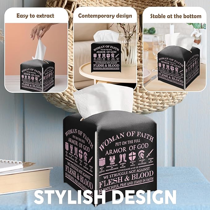 Tissue Box Gifts with Leather Cover Square, Woman of Faith Gift Ideas for Friends, Black Tissue Box, Armor of God, Desk Decor for Bathroom Office, New Home Favor-(5.2 Inches)