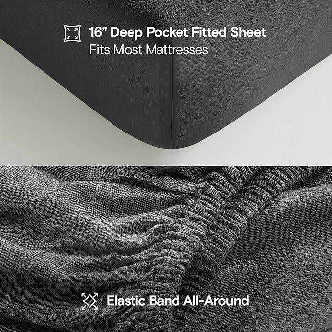 Sijo Stone Washed Organic French Linen Bed Sheet Set, GOTS Certified Organic, Best Cooling Linen Sheet Award by Sleep Foundation, 3 Piece - 2 Pillowcases and 1 Fitted Sheet (Storm, Full)