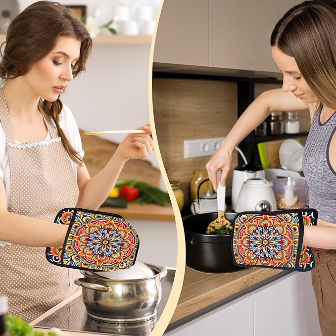Boho Vibrant Mandala Floral Pot Holders 2 Pack Set, Vintage Hinduism Spiritual Folk Lotus Flower Mandala Heat Resistant Oven Hot Pads for Kitchen Countertop Baking，064 Potholder