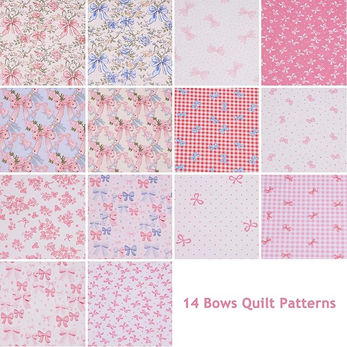 Hanjunzhao 14Pcs Valentines Bow Print Cotton Fat Quarters Fabric Bundles 18 x 22 Inch for Quilting, DIY Bowknot, Hair Accessories, Gift Wrapping, Holiday Valentine Party Home Décor, and Crafts (Bows)