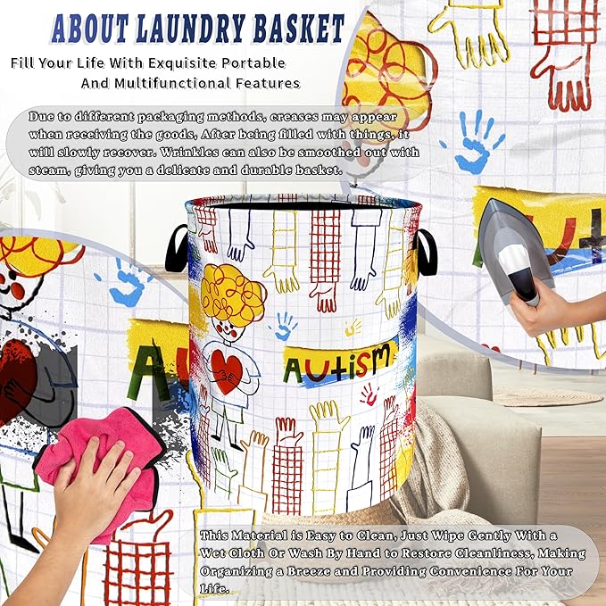 Funny Autism Awareness Laundry Hamper Oxford Cloth Colorful Autism Laundry Basket With Handle Portable Clothes Storage Basket Foldable Laundry Bag 18.9"x16.5" For Laundry Room/Bedroom/Bathrooms