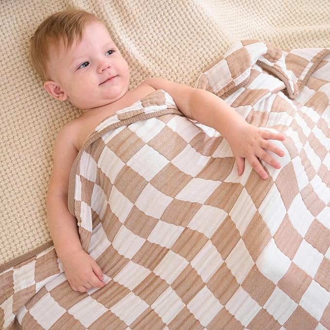 HardNok Ultra Soft Muslin Baby Blanket,A Versatile Swaddle and Bed Blanket for Babies, Toddlers, Boys, and Girls (1 Coffee Checkered 1 Pack).