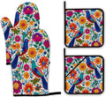 Colorful Bird Oven Mitts and Pot Holders,Flowers Mexican Style Heat Resistant Oven Mitts Gloves and Pot Holder for Home Kitchen Decorations Cooking Baking BBQ Gifts,Set of 4