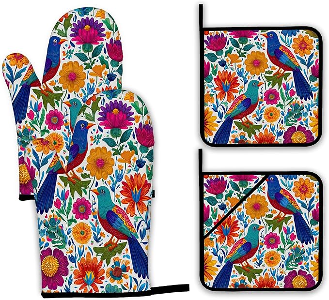 Colorful Bird Oven Mitts and Pot Holders,Flowers Mexican Style Heat Resistant Oven Mitts Gloves and Pot Holder for Home Kitchen Decorations Cooking Baking BBQ Gifts,Set of 4