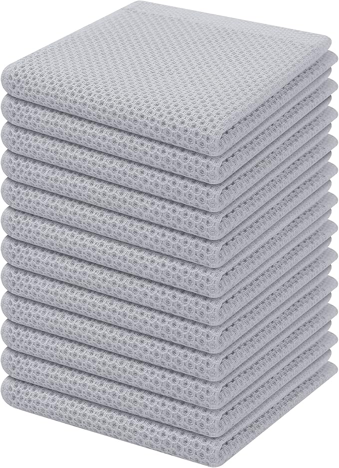 Kitinjoy 100% Cotton Kitchen Dish Cloths, 12 Pack Waffle Weave Ultra Soft Absorbent Dish Towels for Drying Dishes Quick Drying Kitchen Towels Dish Rags, 12 X 12Inch, Light Grey