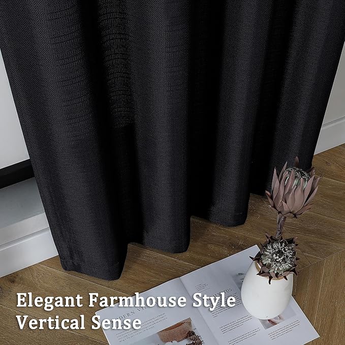 Lecloud Bessie Faux Linen Black Curtains 2 Panels 96 Inches Long, Airy Light Filtering Privacy Drapes with Rod Pocket for Bedroom Dining Room Window Treatments for Daily Home Use, Each 50" W x 96" L
