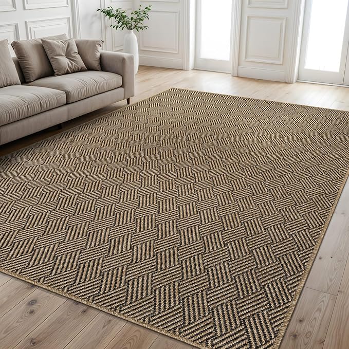 Easy Jute Rugs 5x7 Herringbone Natural Color Living Room Indoor Outdoor Area Rug for Patio and Kitchen Rug High Traffic Washable Easy to Clean Solid Boho Woven Design Carpet (5 x 7)