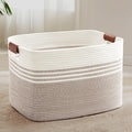 SunNewt 86L Extra Large Laundry Basket with Leather Handles for Living Room Storage, Woven Rope Baskets for Blanket, Kids Toy, Gifts, Wicker Hamper for Bedroom Dirty Clothes, 24"x16"x14" White Brown