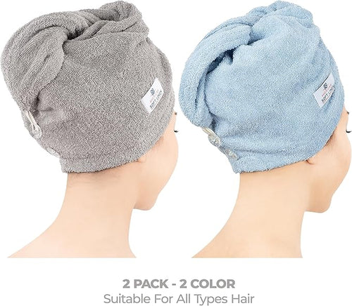 American Soft Linen 100% Cotton Hair Towels for Women, Head Towel Cap, Cotton Hair Turban Towel Wrap, Soft and Absorbent 2 Pack, Light Gray-Sky Blue