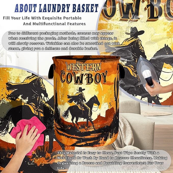 Western Cowboy Laundry Basket Oxford Cloth Desert Riding Laundry Hamper With Handle Portable Clothes Storage Basket Foldable Funny Laundry Bag 18.9"x16.5" For Laundry Room/Bedroom/Bathrooms