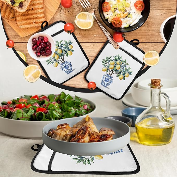 Blue and White Porcelain Lemon Pot Holders with Pockets, Lemon Gifts Pot Holders Heat Resistant Oven Mitts Hot Pads for Kitchen Baking Cooking,Potholders for Kitchens