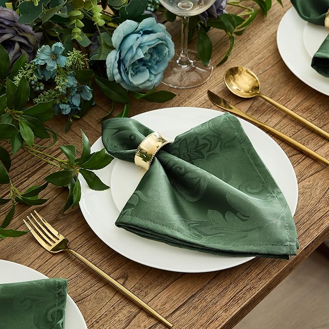 Newbridge Barcelona Damask Fabric Napkins, Set of 4, Hunter Green – No Iron, Soil Resistant Cloth Napkins for Dining, Parties and Holidays