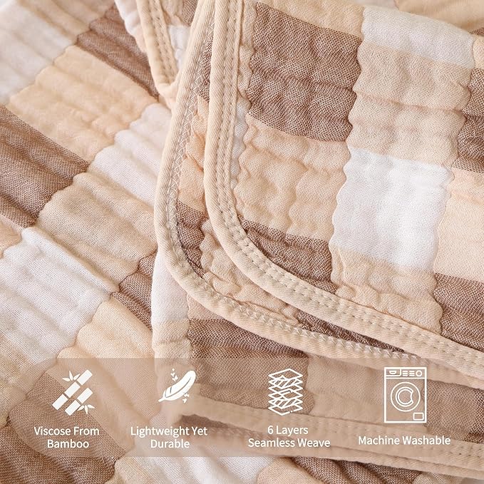 HardNok Ultra Soft Muslin Baby Blanket Made with Organic Cotton - Neutral Earth Tone Checkered Swaddle & Nursery Quilt, 43x43 (Beige-Coffee Checkered)