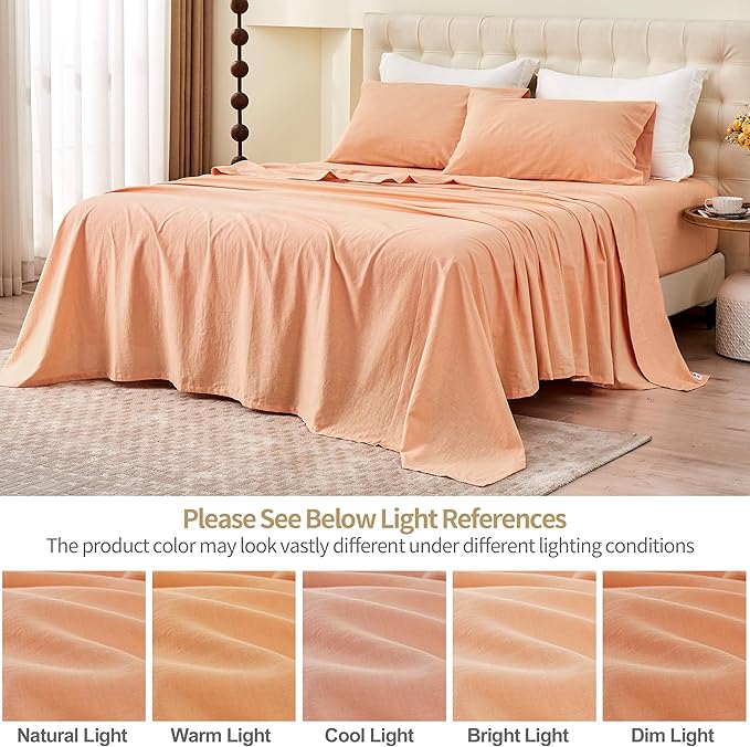 Simple&Opulence Belgian Linen Sheet Set Solid Color - 3 Pieces (1 Flat Sheet & 1 Fitted Sheet & 1 Pillowcase) Natural Flax Cotton Blend Soft Bedding Breathable Farmhouse - Peach, Twin Size