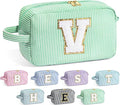 YOOLIFE Initial Makeup Bag for Women - Monogram Cute Makeup Bag Cosmetic Case Toiletry Pouch for Women Her Best Friend Sister Teacher, Personalized Birthday Gifts for Women, Light Green V