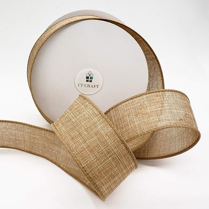 CT CRAFT LLC Burlap Fabric Wired Ribbon 1.5 Inch x 10 Yards Natural Color for Christmas Home Wedding Decor Gift Wrapping Tree Topper Bow Wreath Bouquet DIY Crafts