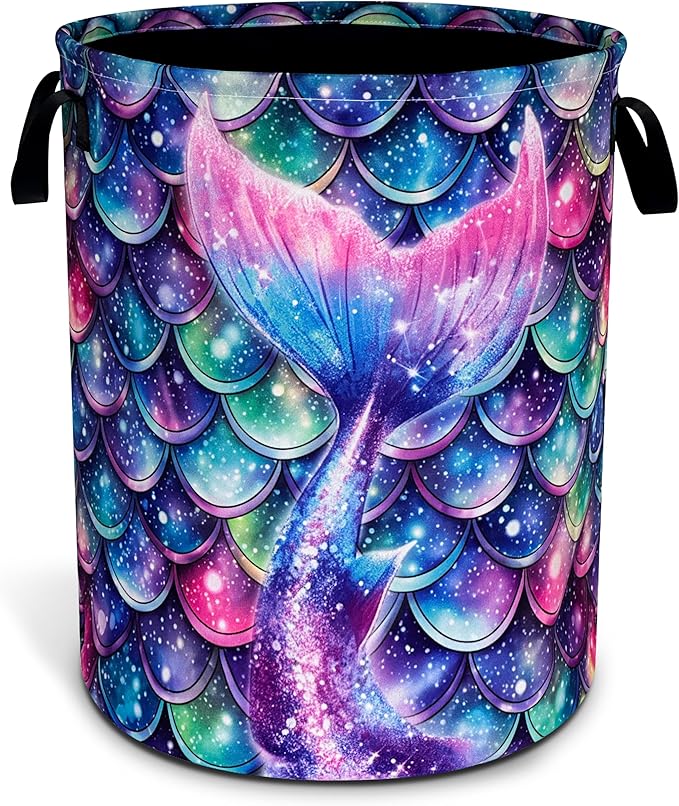 Mermaid Tail Scales Laundry Basket Oxford Cloth Colorful Fish Scales Laundry Hamper With Handle Foldable Portable Clothes Storage Basket 18.9 X 16.5 In Storage Bag For Laundry Room/Bathroom/Bedroom