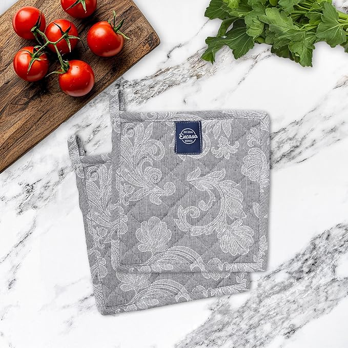 Pot Holders for Kitchen | Heat Resistant Pads | Set of 2 | Hot Dish Holder Sets | 8x8 in |for Cooking, Baking, Grilling, Microwave & BBQ, Chambray Grey by Encasa XO
