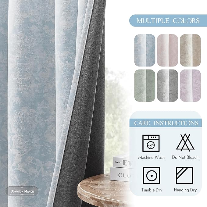 Beauoop Blue Floral Jacquard Blackout Curtains 96 Inches Long 2 Panels for Bedroom Living Room Chenille Flower Room Darkening Thermal Insulated Soundproof Grommet Window Treatments Drapes, 52x96