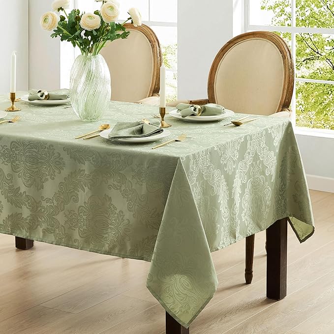 Newbridge Barcelona Damask Fabric Tablecloth, 60 x 84 Inch Rectangle, Sage Green – No Iron, Soil Resistant Table Cover for Dining, Parties and Holidays