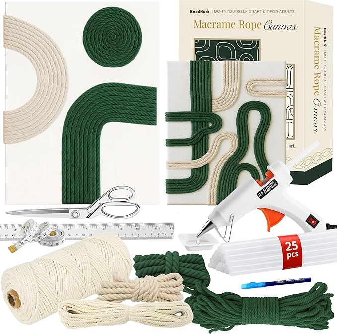 Macrame Kit for Beginners - DIY Rope Canvas Wall Art Kit with Ropes Supplies & Tools | DIY Macrame Art Wall Hanging Decor Starter Set, Craft Kits for Adults, Boho Aesthetic Home Decoration (Green)