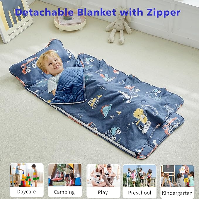 Cotton Toddler Nap Mat with Zipper,Detachable Minky Blanket and Removable Pillow,Soft Slumber Bags for Boys,Kids Sleeping Bag for Daycare Preschool Kindergarten,Dinosaur Navy Blue