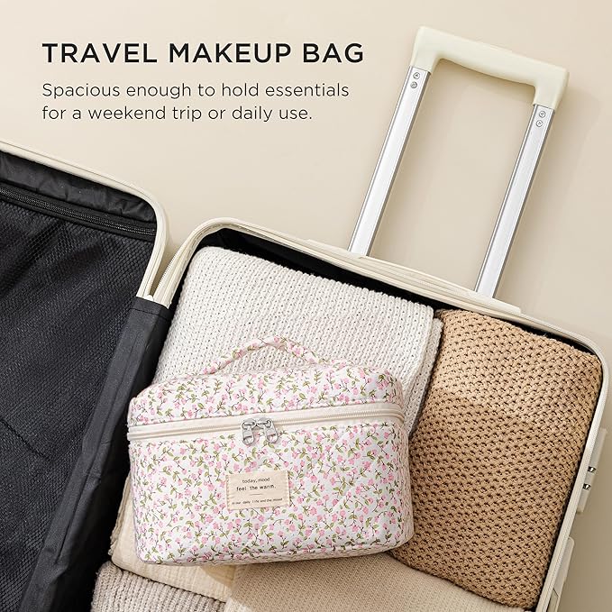 HBselect Christmas Gifts Large Quilted Makeup Bag, Cute Cotton Travel Makeup Bag with Handle, Portable Coquette Floral Make up Bags, Toiletry Organizer Make up Bags for Women Teen Girls Mom
