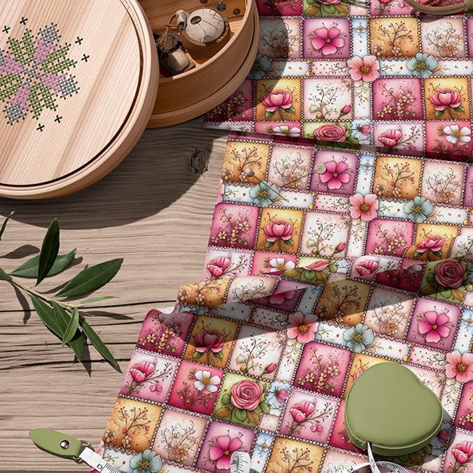 Soft Rose Garden Patchwork Cotton Fabric Panel 61 x 36.6 Inches, Floral Vintage Quilt Pattern, Pink Pastel Tones, 100% Cotton 140 GSM