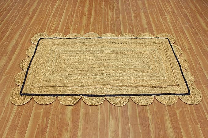 Scalloped Jute Rug, Hand Woven Runner Area Rug, 3x10 Ft Beige & Black Braided Natural Sisal Kilim Rugs for Living Room, Kitchen, Entryway, Farmhouse