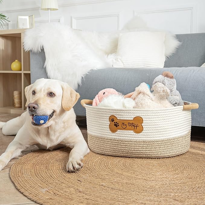 LILO DESIGN CO. Dog Toy Basket - Cotton Rope Dog Toy Bin With Handle - Cute Woven Pet Toy Box - Perfect Toy Basket For Pets - Storage Baskets For Organizing - Toy Box For Dogs
