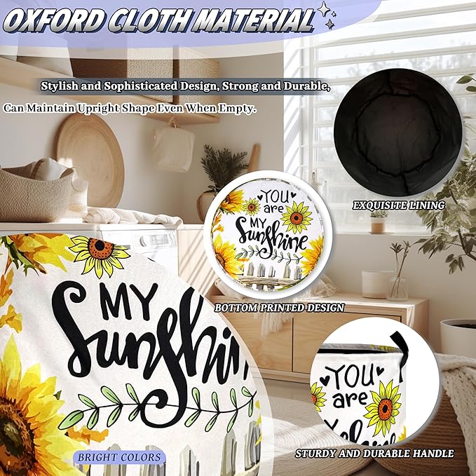 You Are My Sunshine Sunflower Laundry Basket Oxford Cloth Funny Laundry Hamper With Handle Portable Clothes Storage Basket Foldable Floral Laundry Bag 18.9"x16.5" For Laundry Room/Bedroom/Bathrooms
