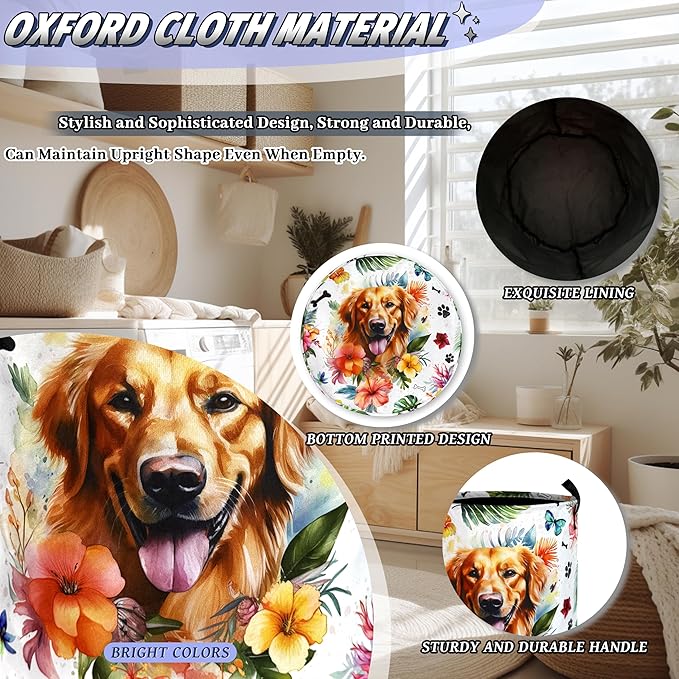 Dog Laundry Basket Oxford Cloth Funny Pet Flower Laundry Hamper With Handle Portable Clothes Storage Basket Foldable Laundry Bag 18.9"x16.5" For Laundry Room/Bedroom/Bathrooms