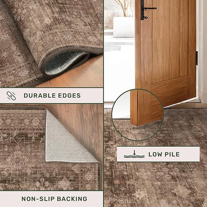 Boho Taupe Brown 2x3 Entryway Rug - Modern Vintage Traditional Eclectic Oriental Neutral, Washable Low Pile Non-Slip Small Throw Area Rugs for Door Mat Indoor Entrance, Kitchen, Bathroom
