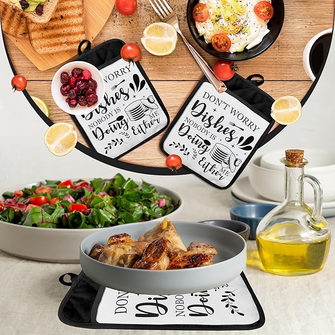 Funny Kitchen Gifts Pot Holders with Pockets, Don't Worry Dishes Pot Holders Heat Resistant Oven Mitts Hot Pads for Kitchen Baking Cooking,Potholders for Kitchens