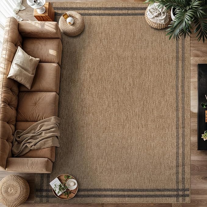 Easy Jute Rugs 10x14 Bordered Natural Color Living Room Indoor Outdoor Area Rug for Patio and Kitchen Rug High Traffic Washable Easy to Clean Solid Boho Woven Design Outside Carpet (10 x 14)