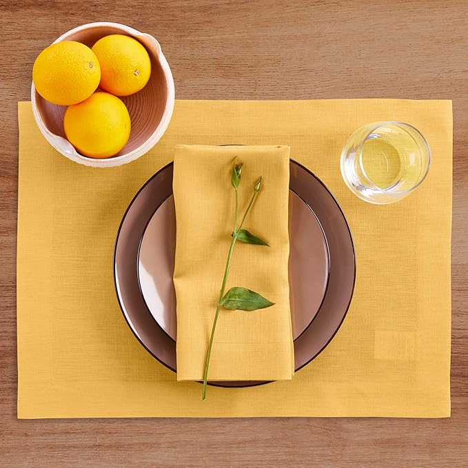 Solino Home Linen Placemats Set of 4 - Mustard Yellow Placemats 14 x 19 Inch - 100% Pure Linen Table Place Mats for Spring, Easter - Fete