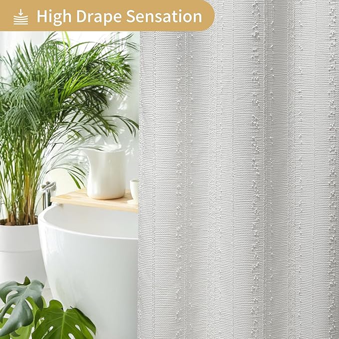 Lameirose White Shower Curtain Boho, Textured Shower Curtain Cotton Blend Waffle Weave Stripe Fabric Shower Curtains for Bathroom, Hotel, Washable, 72 x 72