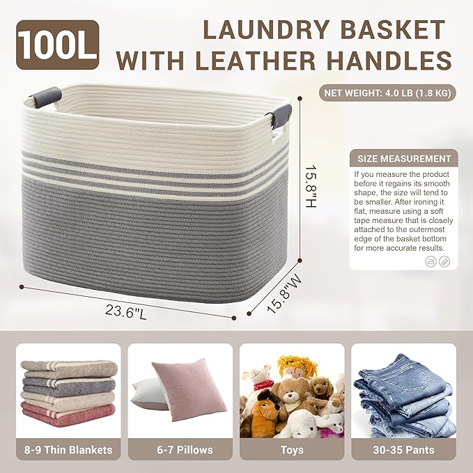 SunNewt 100L Extra Large Laundry Basket with Leather Handles for Living Room Storage, Woven Rope Baskets for Blanket, Kids Toy, Gifts, Wicker Hamper for Bedroom Dirty Clothes, 24"x16"x16" White Grey